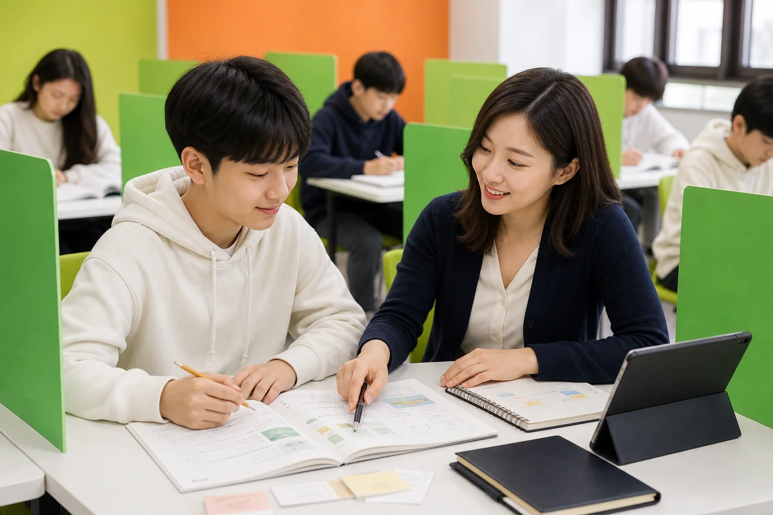 학생의 학습 자료와 계획을 함께 살펴보는 상담 장면